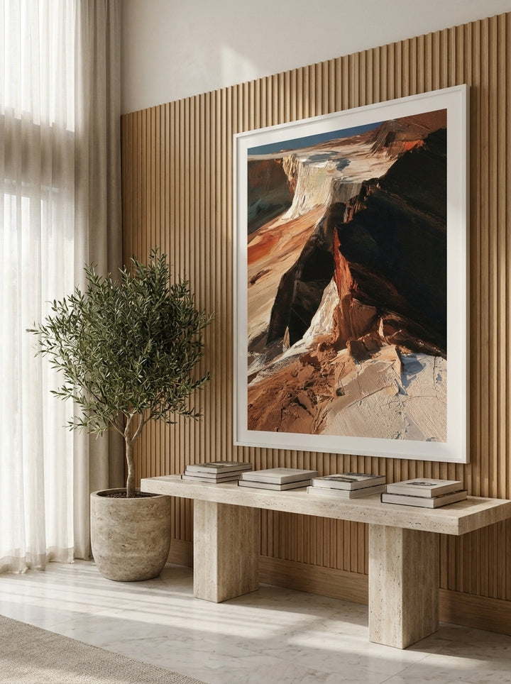 Oversized statement modern wall art print styled on the wall in a luxe living room