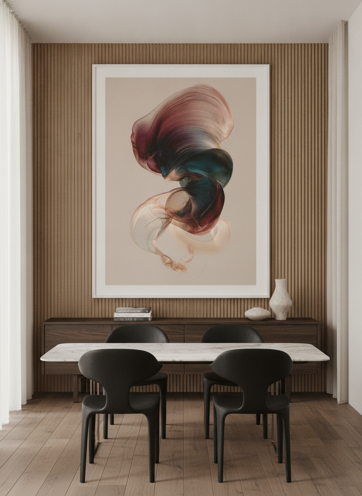 Oversized statement modern wall art print styled on the wall in a luxe dining room
