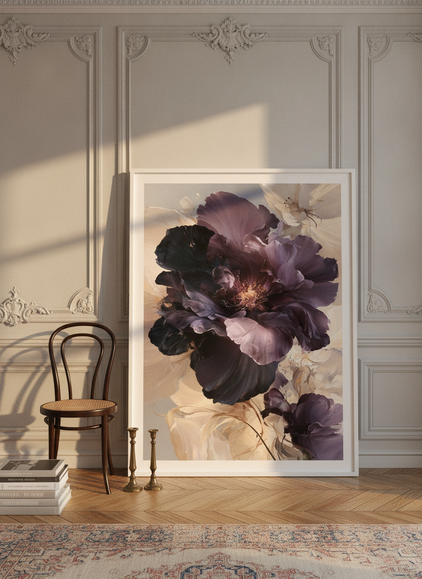 Oversized statement modern wall art print leaning against the wall in a Parisian dining room
