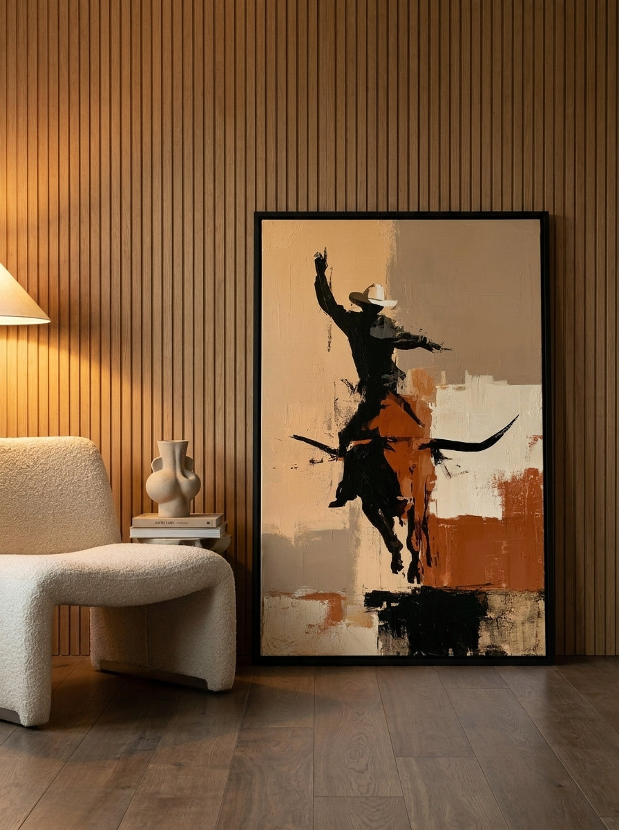 Oversized statement canvas wall art with a black surround leaning against the wall in a luxe dining room