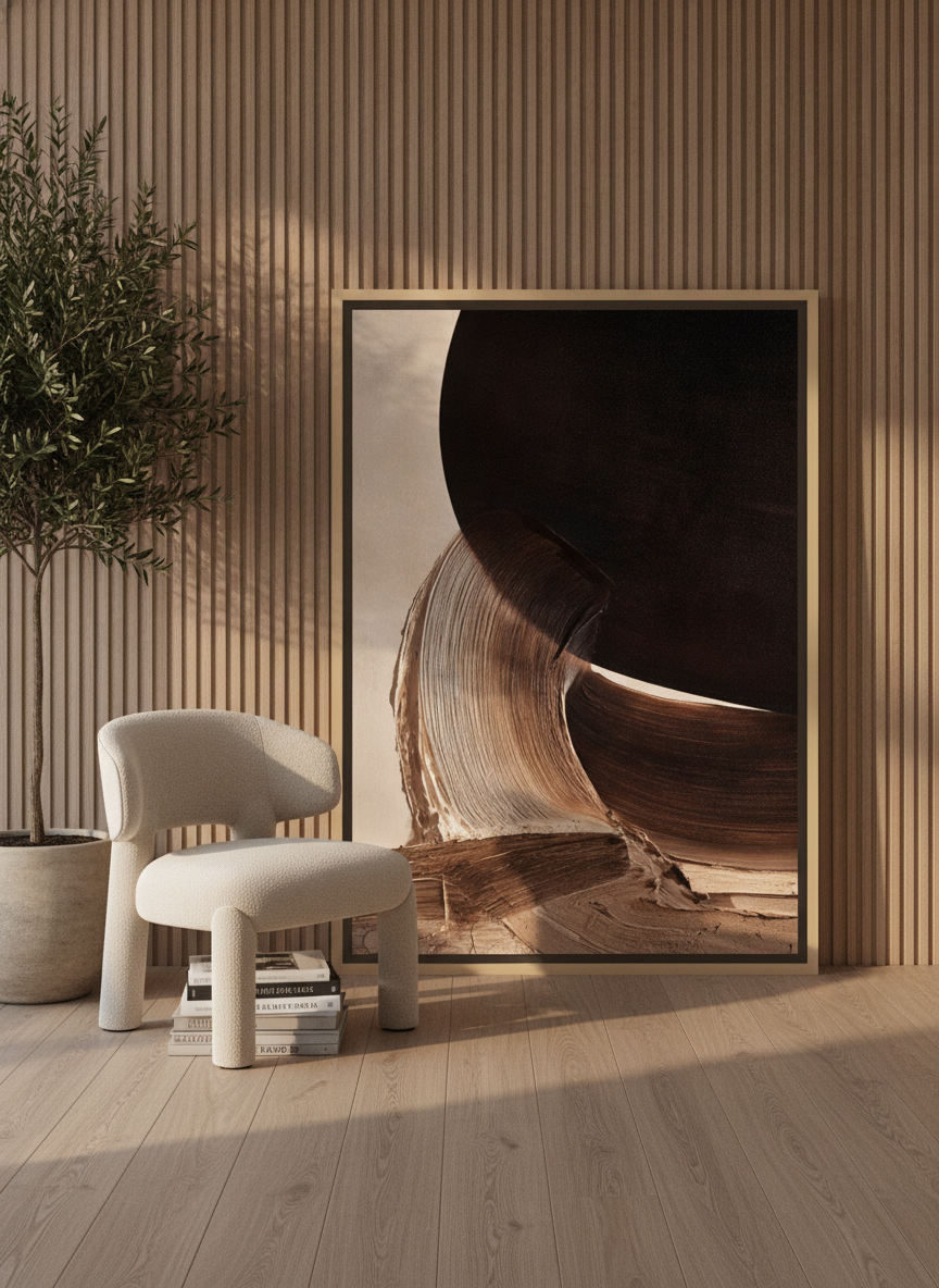 Oversized statement canvas wall art with a natural timber surround leaning against the wall in a luxe dining room
