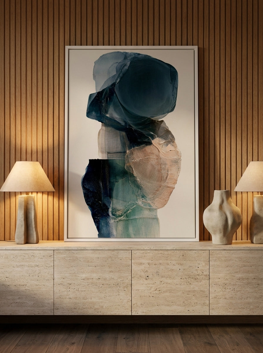 Modern wall art print standing on a console in a luxe home office
