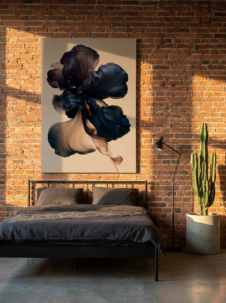Stretched canvas wall art styled on the wall in an industrial loft bedroom