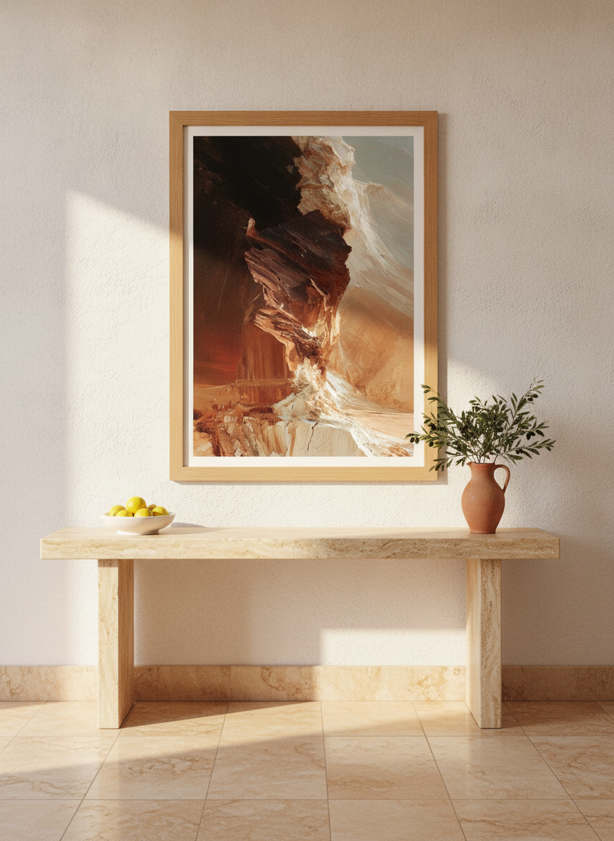 Modern wall art print styled on the wall in a Mediterranean living room