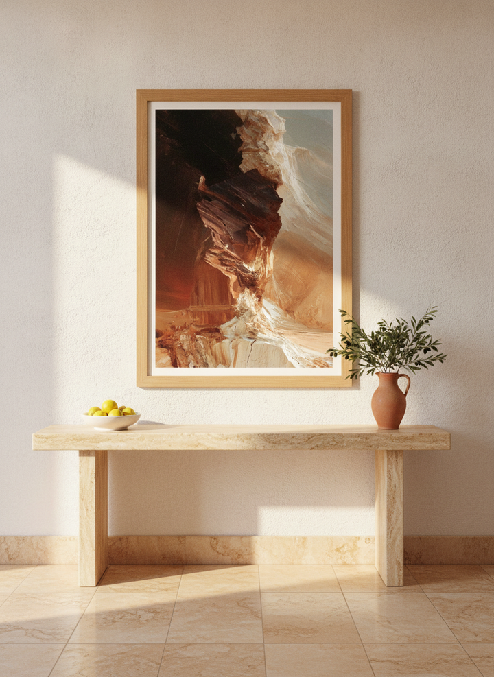 Modern wall art print styled on the wall in a Mediterranean living room