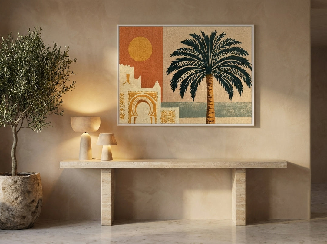 Modern wall art print styled on the wall in a luxe living room