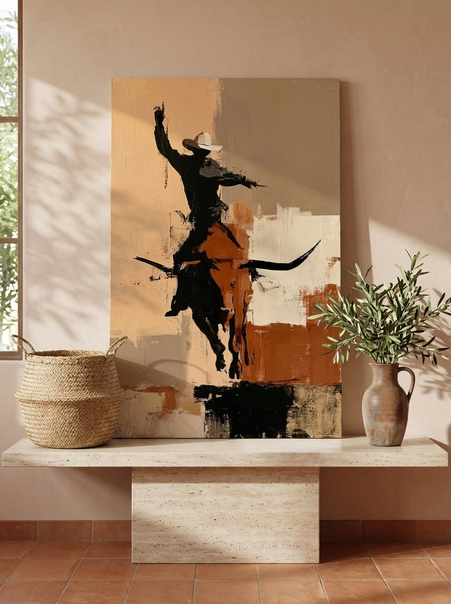 Stretched canvas wall art standing on a console in a Mediterranean living room