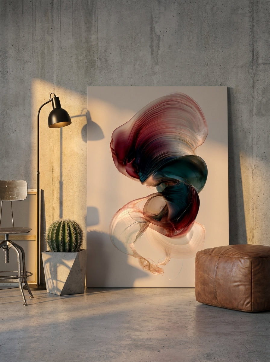 Stretched canvas wall art leaning against the wall in an industrial loft home office