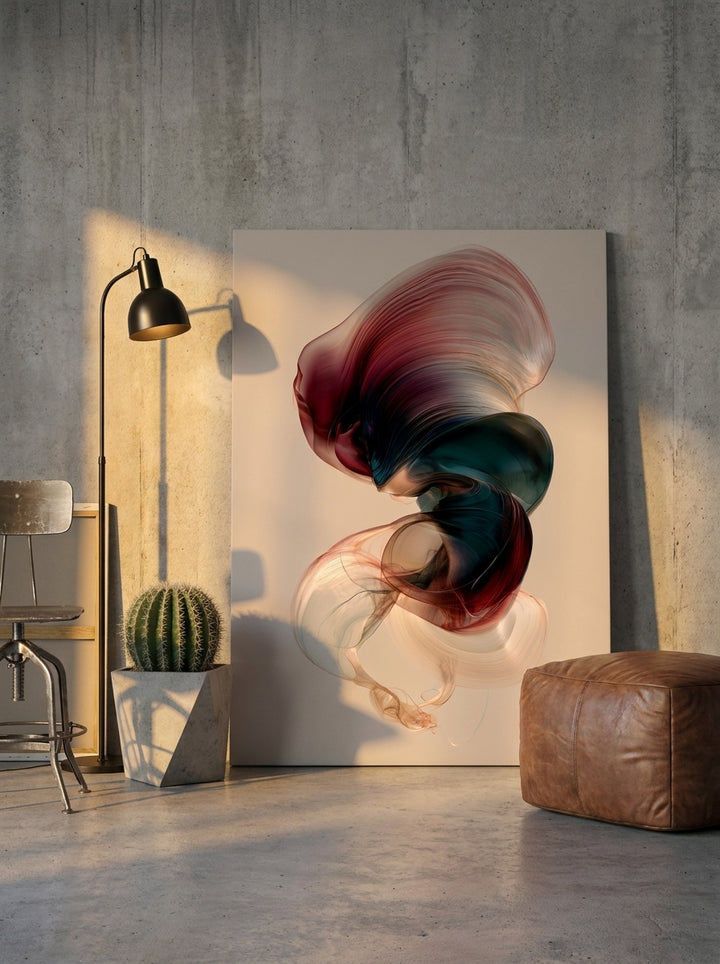 Stretched canvas wall art leaning against the wall in an industrial loft home office