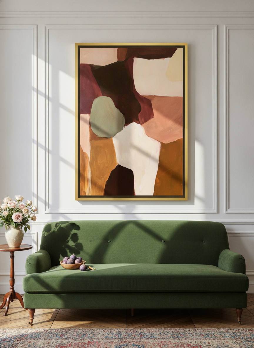 Oversized statement canvas wall art with a gold leaf surround styled on the wall in a Parisian living room