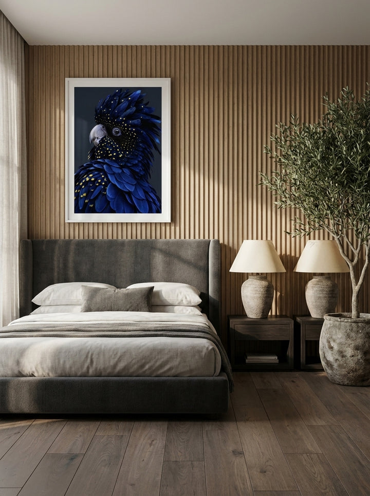 Modern wall art print styled on the wall in a luxe bedroom