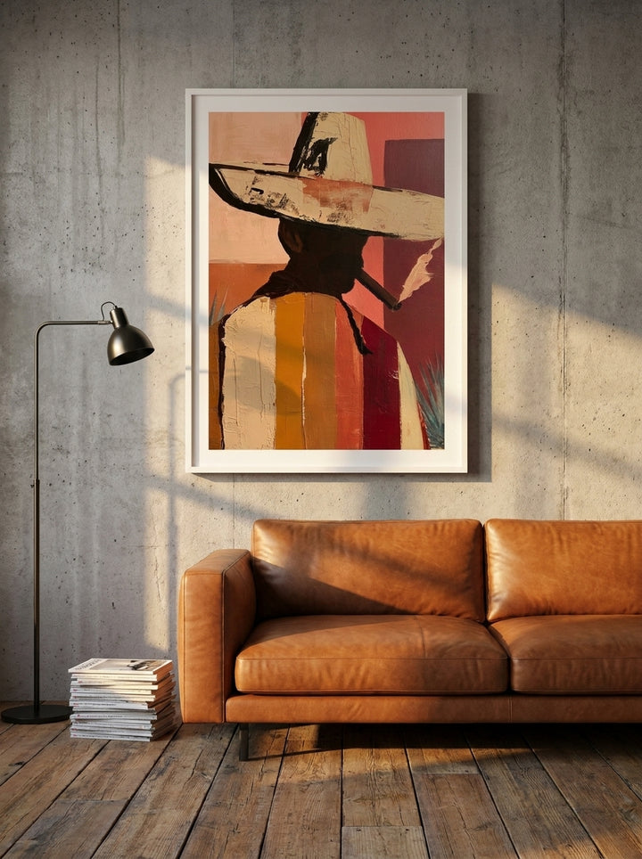 Modern wall art print styled on the wall in an industrial loft living room