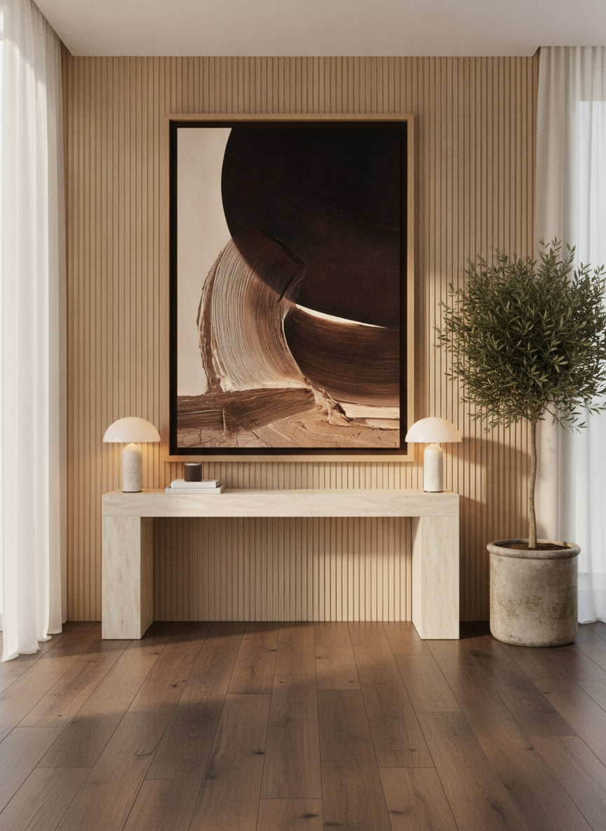 Oversized statement modern wall art print styled on the wall in a luxe living room