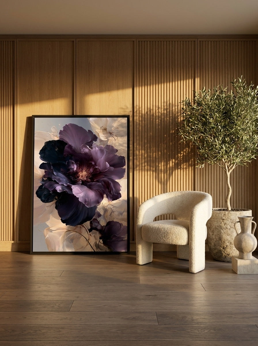 Canvas wall art with a black surround leaning against the wall in a luxe dining room