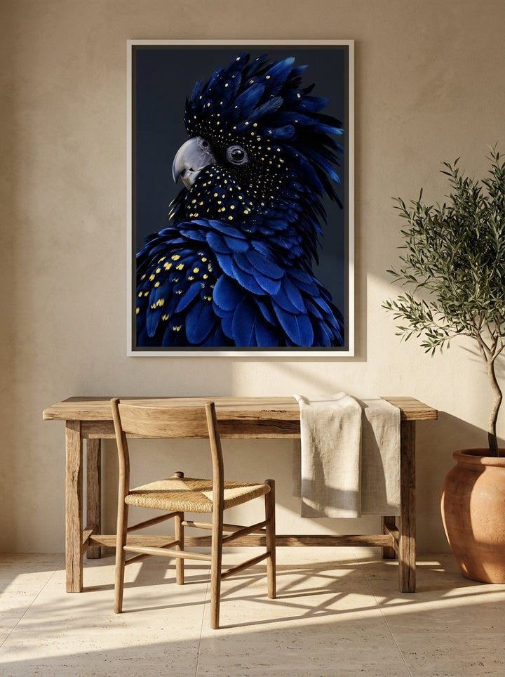 Canvas wall art with a white surround styled on the wall in a Mediterranean home office