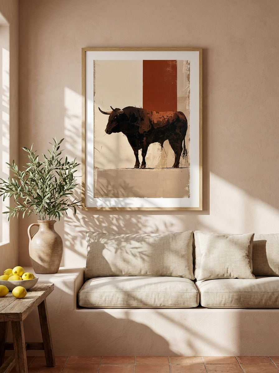 Modern wall art print styled on the wall in a Mediterranean living room