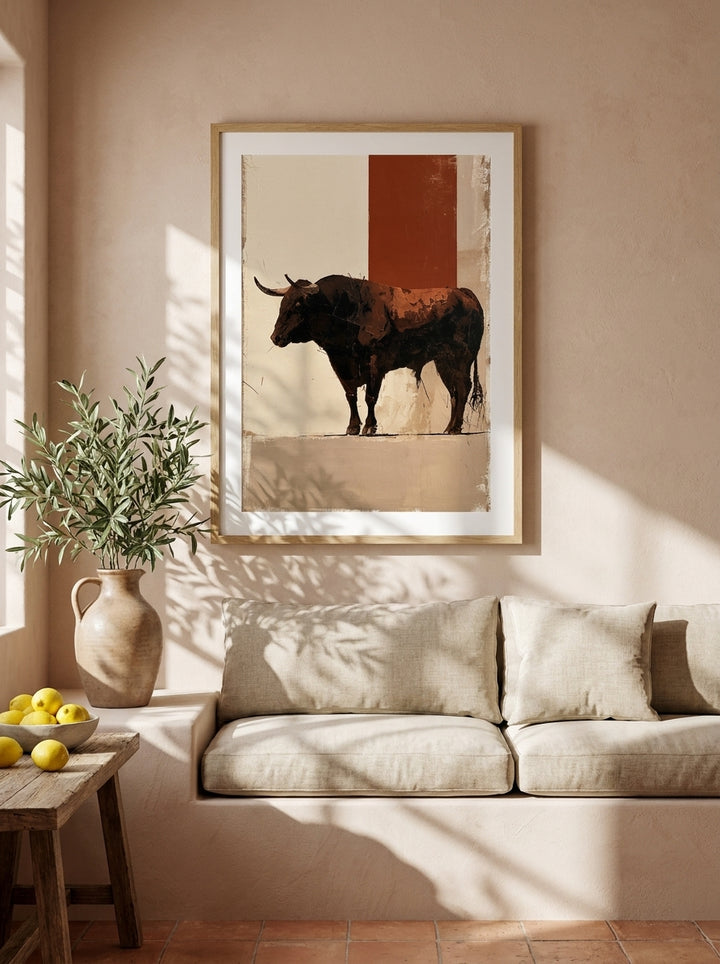 Modern wall art print styled on the wall in a Mediterranean living room