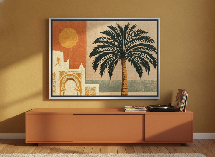 Canvas wall art with a silver leaf surround standing on a sideboard in a retro 70s bedroom