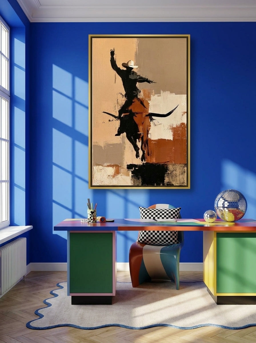 Canvas wall art with a gold leaf surround styled on the wall in a colourful eclectic home office