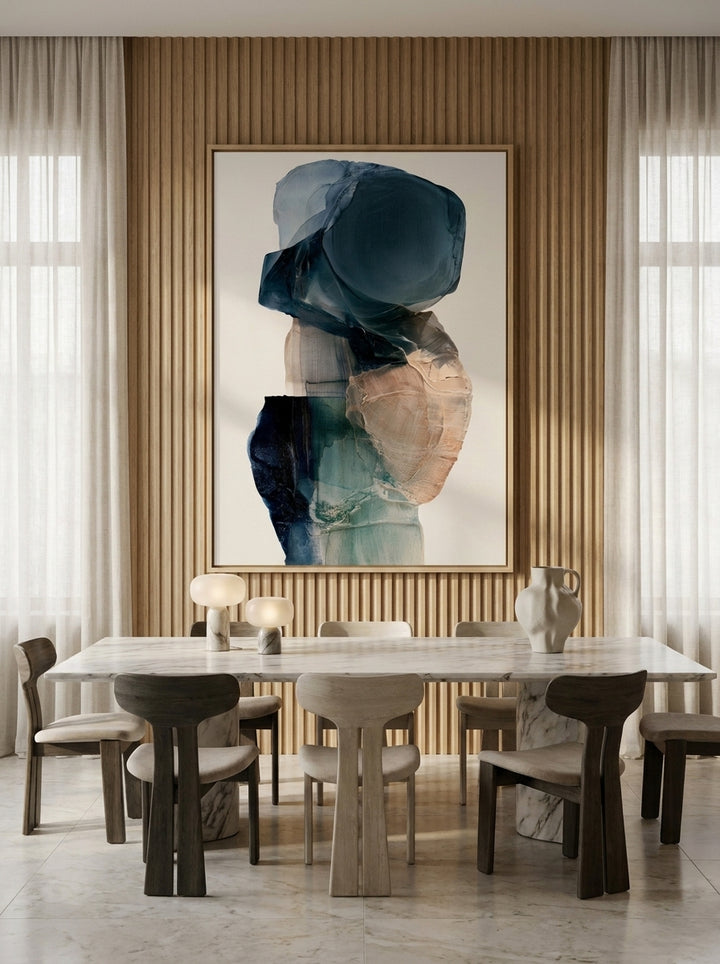Oversized statement modern wall art print styled on the wall in a luxe dining room