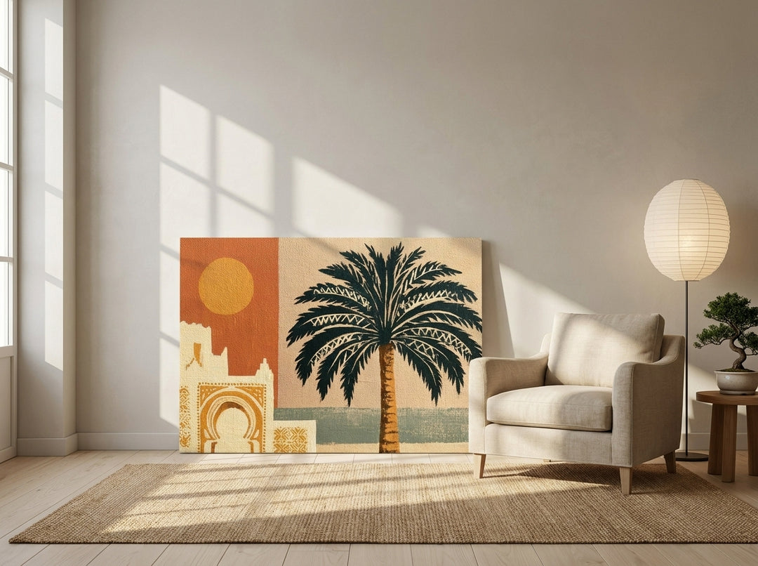 Stretched canvas wall art leaning against the wall in a warm Japandi bedroom