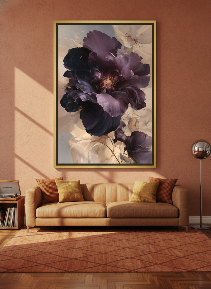 Oversized statement canvas wall art with a gold leaf surround styled on the wall in a retro 70s living room