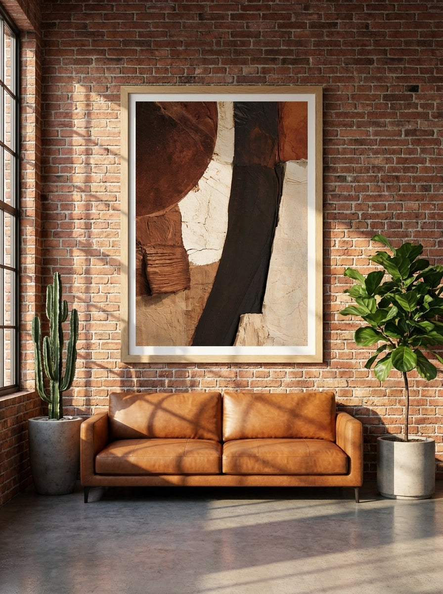 Modern wall art print styled on the wall in an industrial loft living room