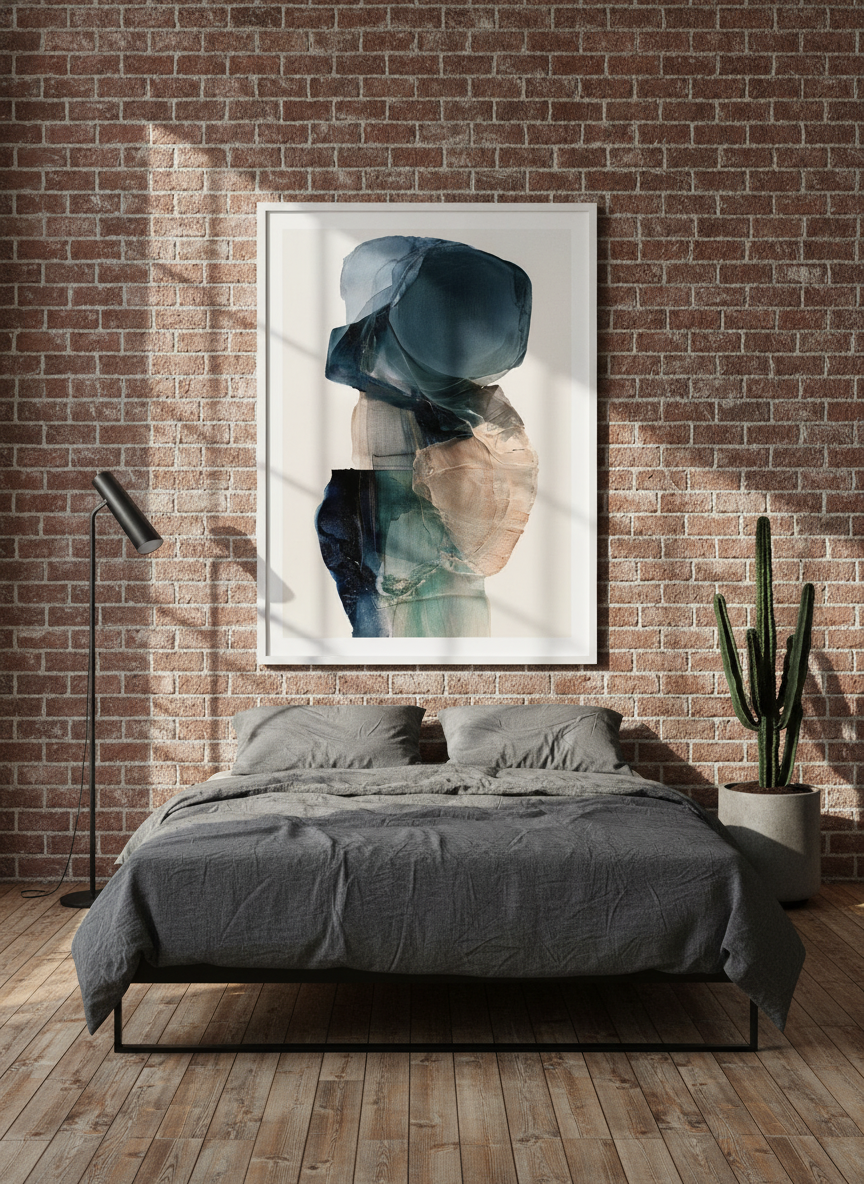 Modern wall art print styled on the wall in an industrial loft bedroom