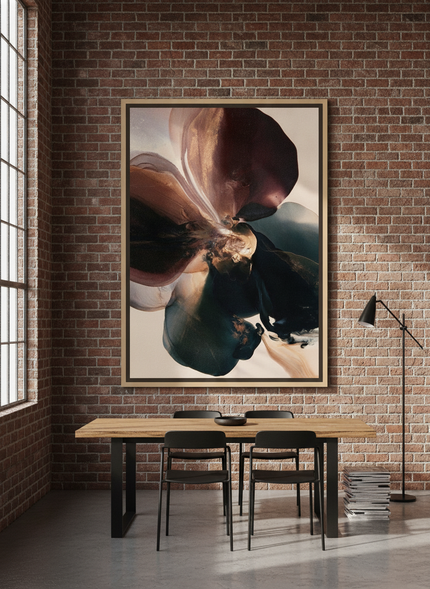 Oversized statement canvas wall art with a natural timber surround styled on the wall in an industrial loft dining room