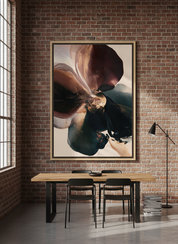 Oversized statement canvas wall art with a natural timber surround styled on the wall in an industrial loft dining room