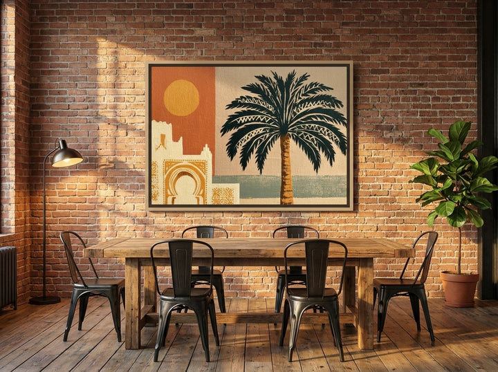 Oversized statement canvas wall art with a natural timber surround styled on the wall in an industrial loft dining room