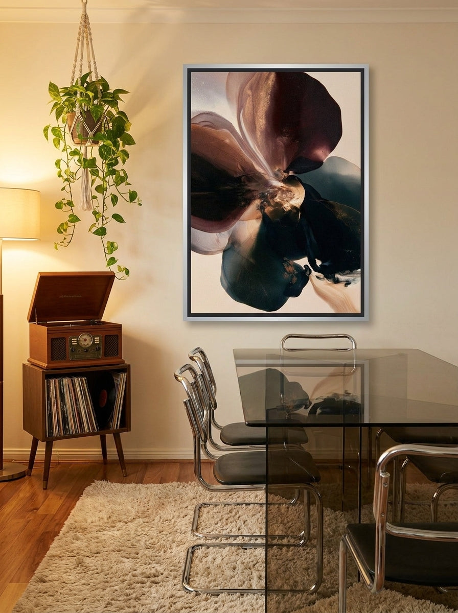 Canvas wall art with a silver leaf surround styled on the wall in a retro 70s dining room