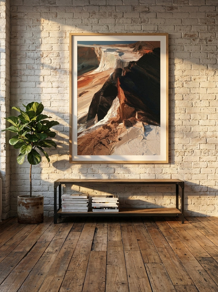 Modern wall art print styled on the wall in an industrial loft living room
