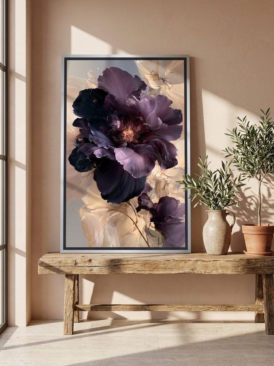 Canvas wall art with a silver leaf surround standing on a bench in a Mediterranean bedroom