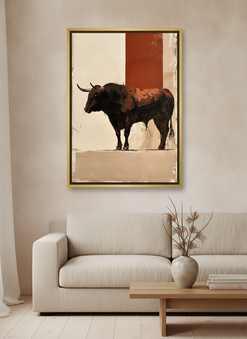 Canvas wall art with a gold leaf surround styled on the wall in a warm Japandi living room
