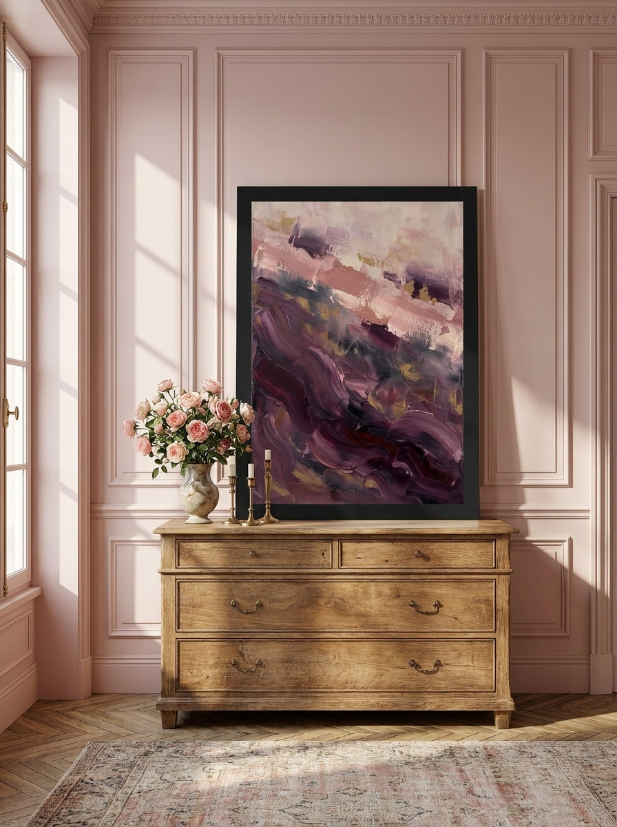 Modern wall art print standing on a sideboard in a Parisian home office