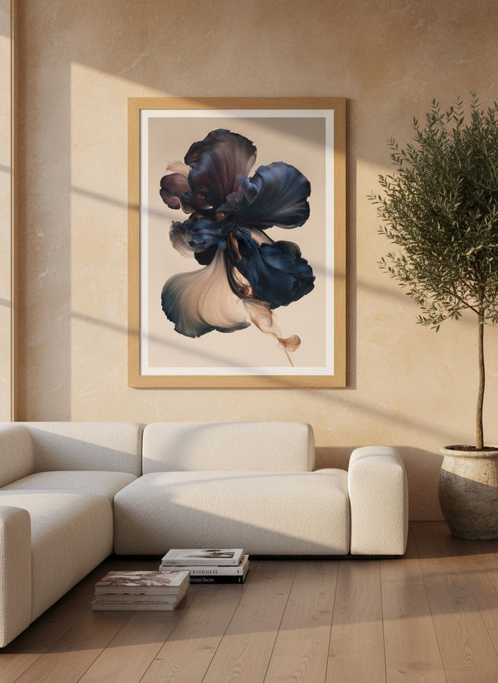 Modern wall art print styled on the wall in a luxe living room