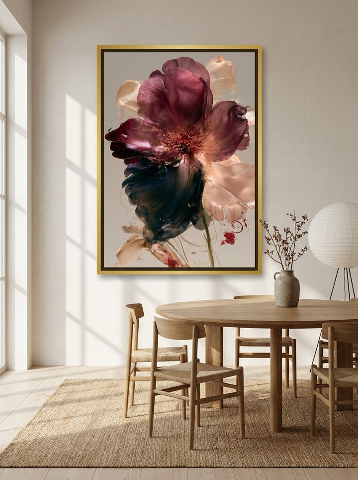 Oversized statement canvas wall art with a gold leaf surround styled on the wall in a warm Japandi dining room