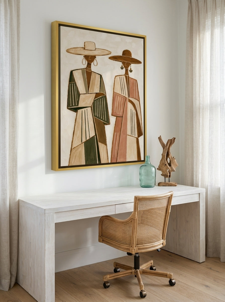 Canvas wall art with a gold leaf surround styled on the wall in a coastal home office