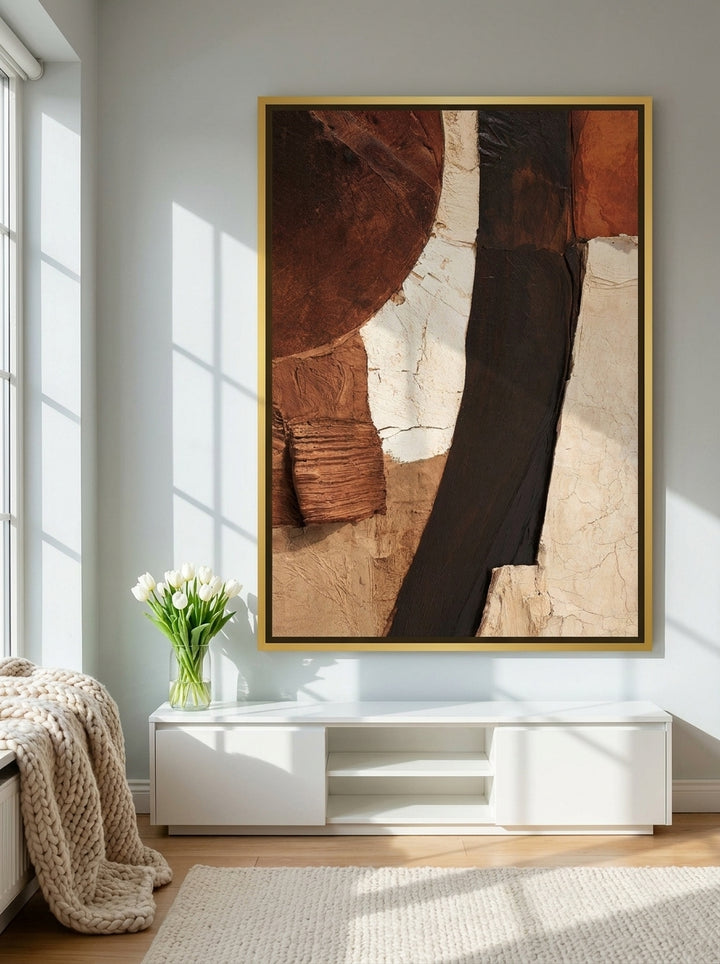 Canvas wall art with a gold leaf surround styled on the wall in a bright Scandinavian living room