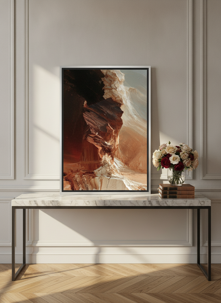 Canvas wall art with a silver leaf surround standing on a console in a Parisian home office