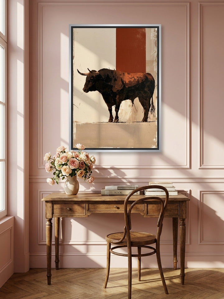 Canvas wall art with a silver leaf surround styled on the wall in a Parisian home office