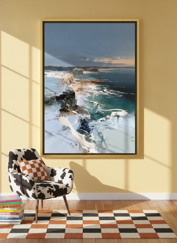 Oversized statement canvas wall art with a gold leaf surround leaning against the wall in a colourful eclectic living room