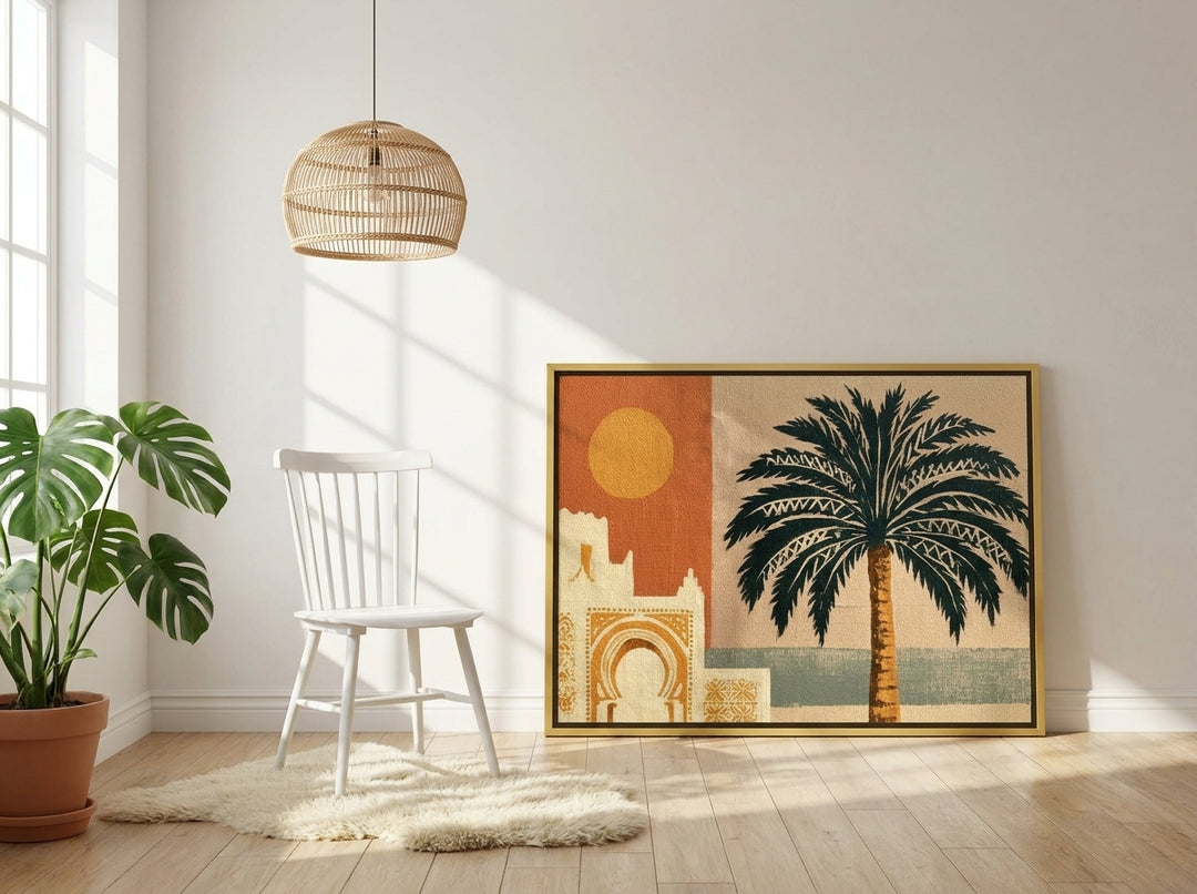 Canvas wall art with a gold leaf surround leaning against the wall in a bright Scandinavian living room