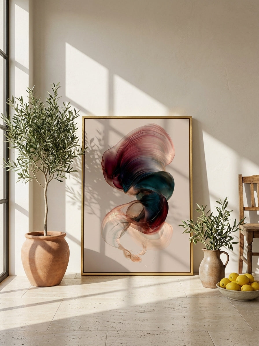 Canvas wall art with a gold leaf surround leaning against the wall in a Mediterranean living room