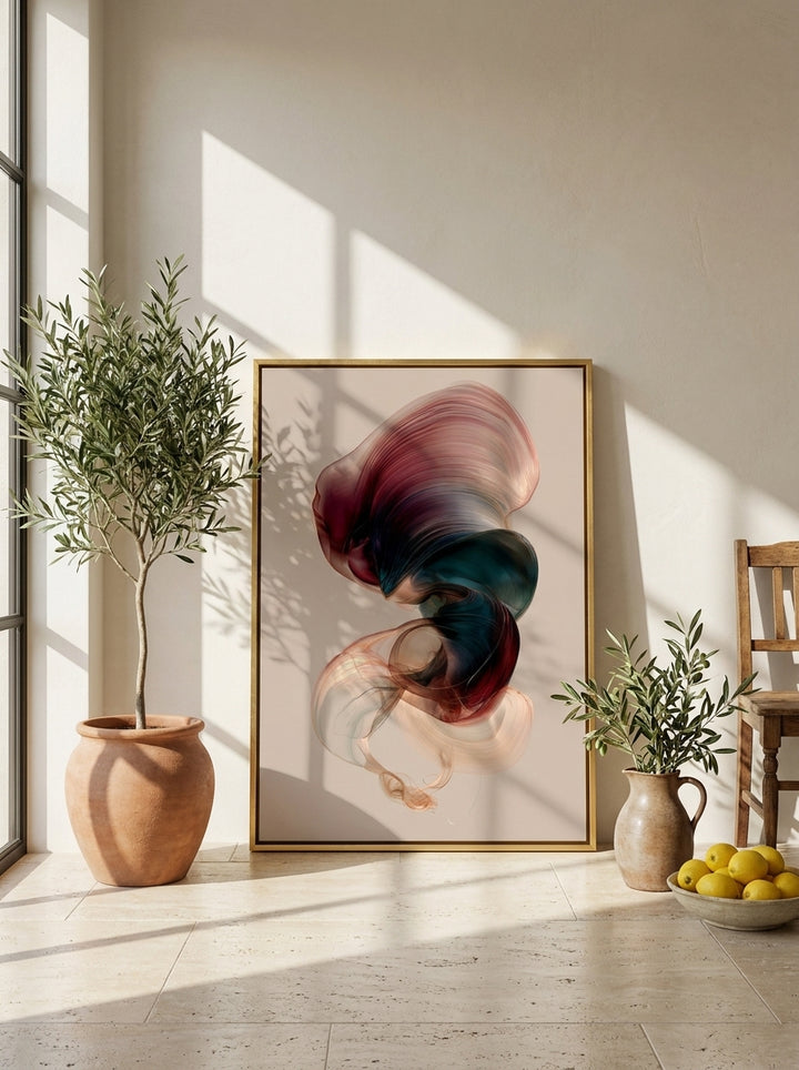 Canvas wall art with a gold leaf surround leaning against the wall in a Mediterranean living room