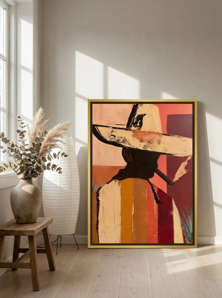 Canvas wall art with a gold leaf surround leaning against the wall in a warm Japandi living room