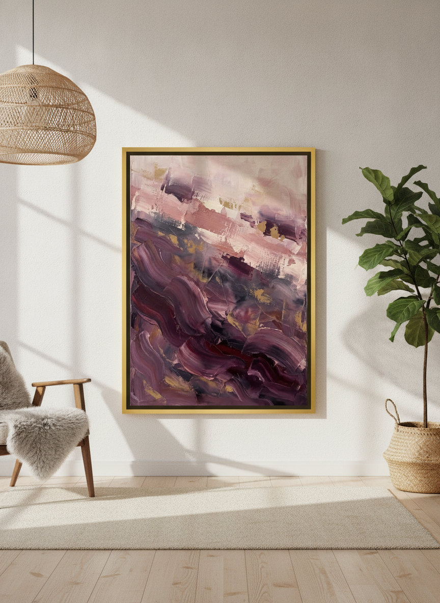 Oversized statement canvas wall art with a gold leaf surround leaning against the wall in a bright Scandinavian living room