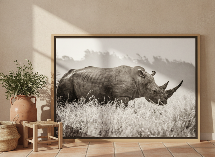 Oversized statement canvas wall art with a natural timber surround leaning against the wall in a Mediterranean home office