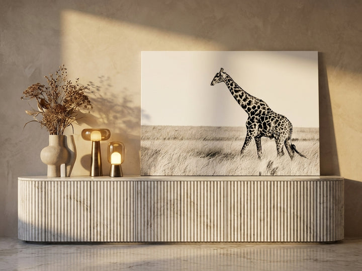 Stretched canvas wall art standing on a sideboard in a luxe bedroom